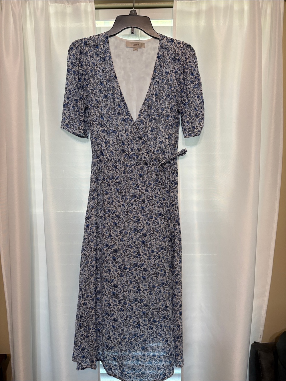 LOFT Blue Floral Wrap Dress with Self-Tie Waist